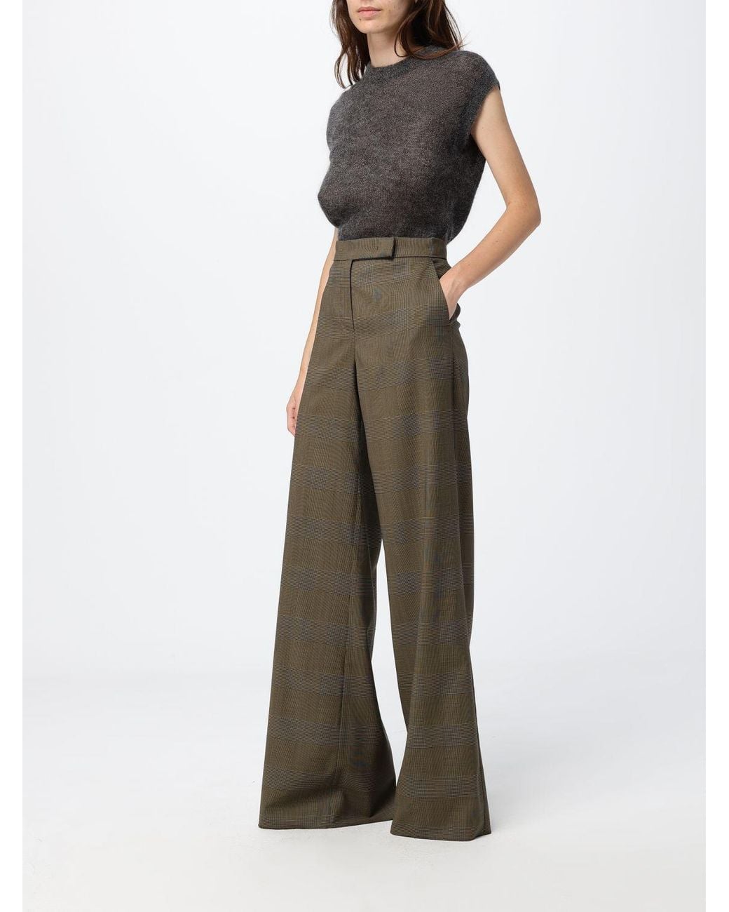 Max Mara Green Prince Of Wales Check Wool Flare Trousers