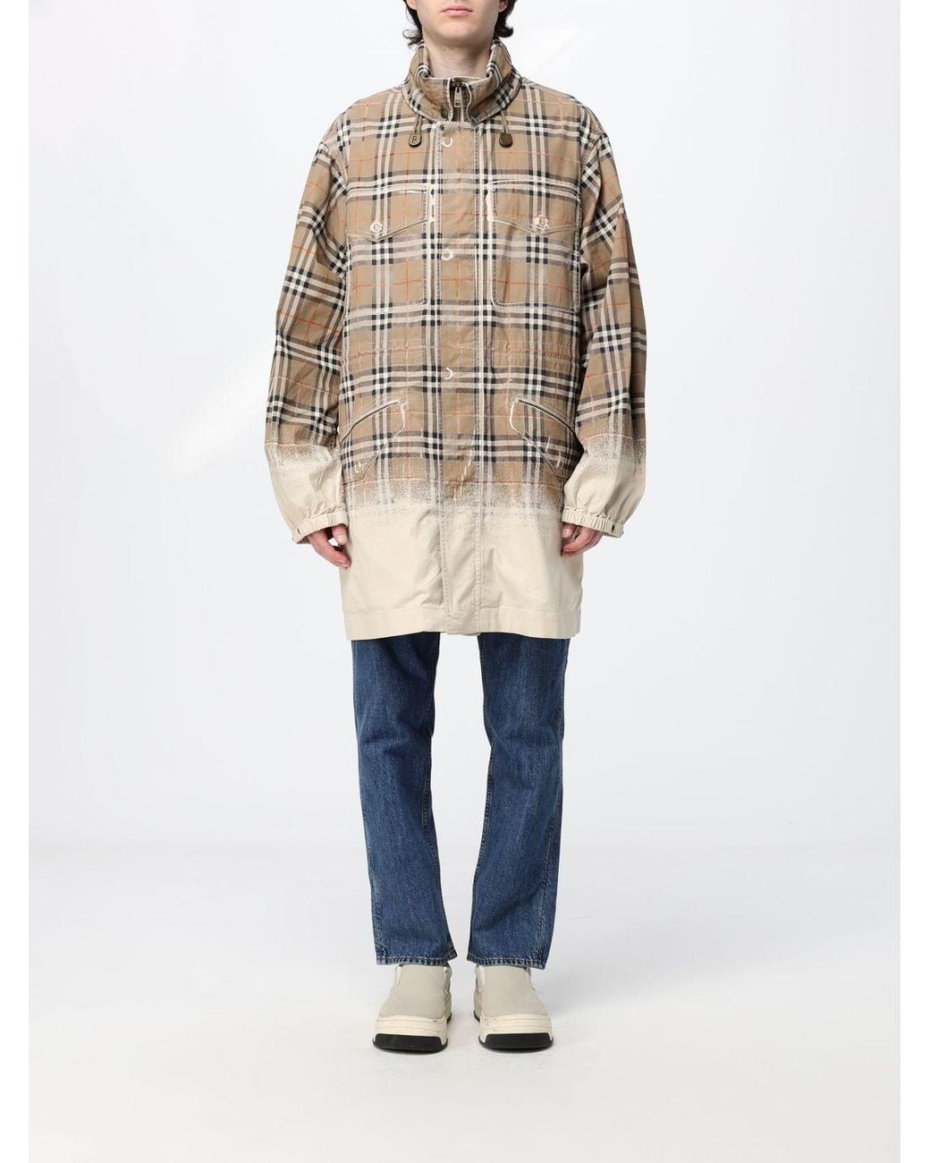 Burberry Natural Knee-Length Cotton Gabardine Parka With Check Details for men