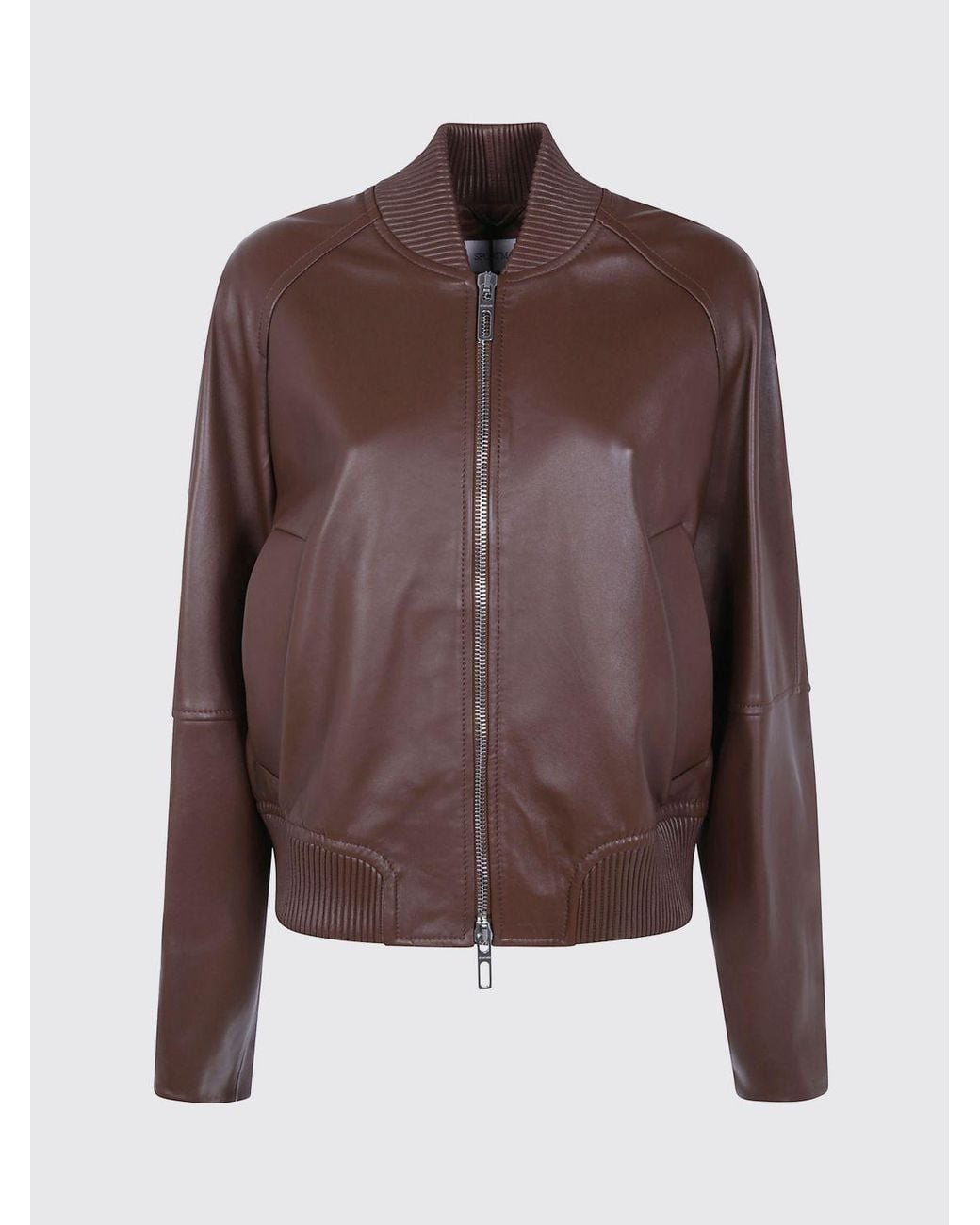 Sportmax Brown Amour Cropped Lambskin Bomber Jacket With Zip Closure