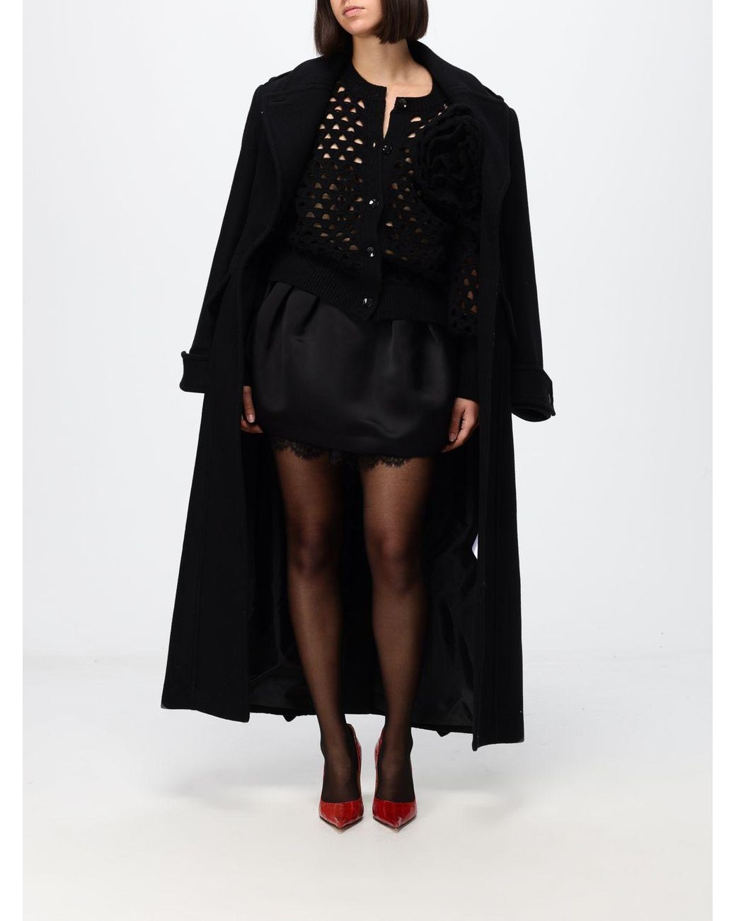 Blumarine Black Openwork Wool Cardigan With Balloon Sleeves And Flower Appliqué