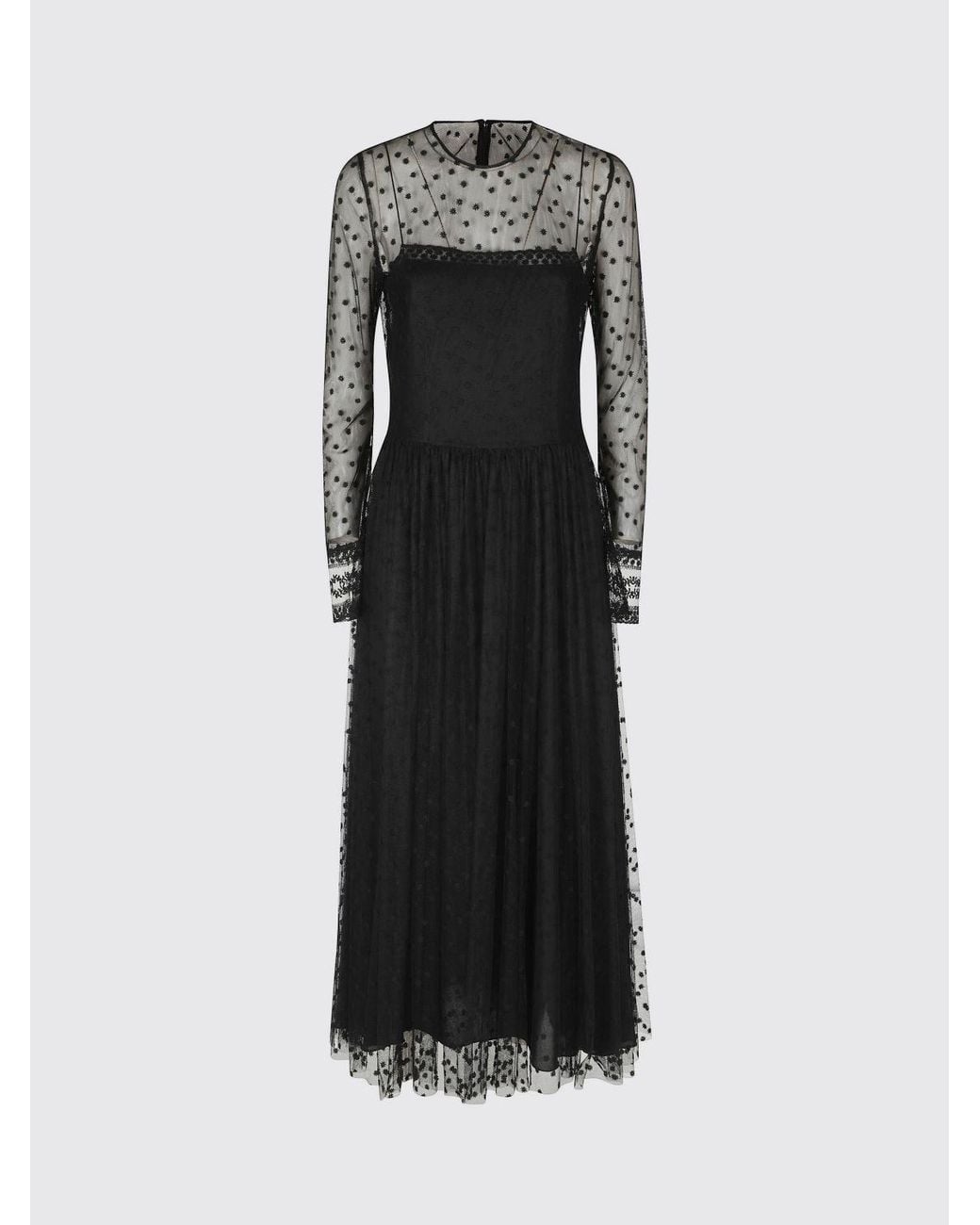 Alberta Ferretti Black Tulle Midi Ceremony Dress With Long Sleeves And A Crew Neck