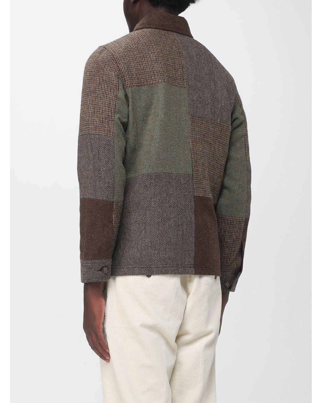 Sebago Brown Patchwork Wool Shirt Jacket With Velvet Collar for men