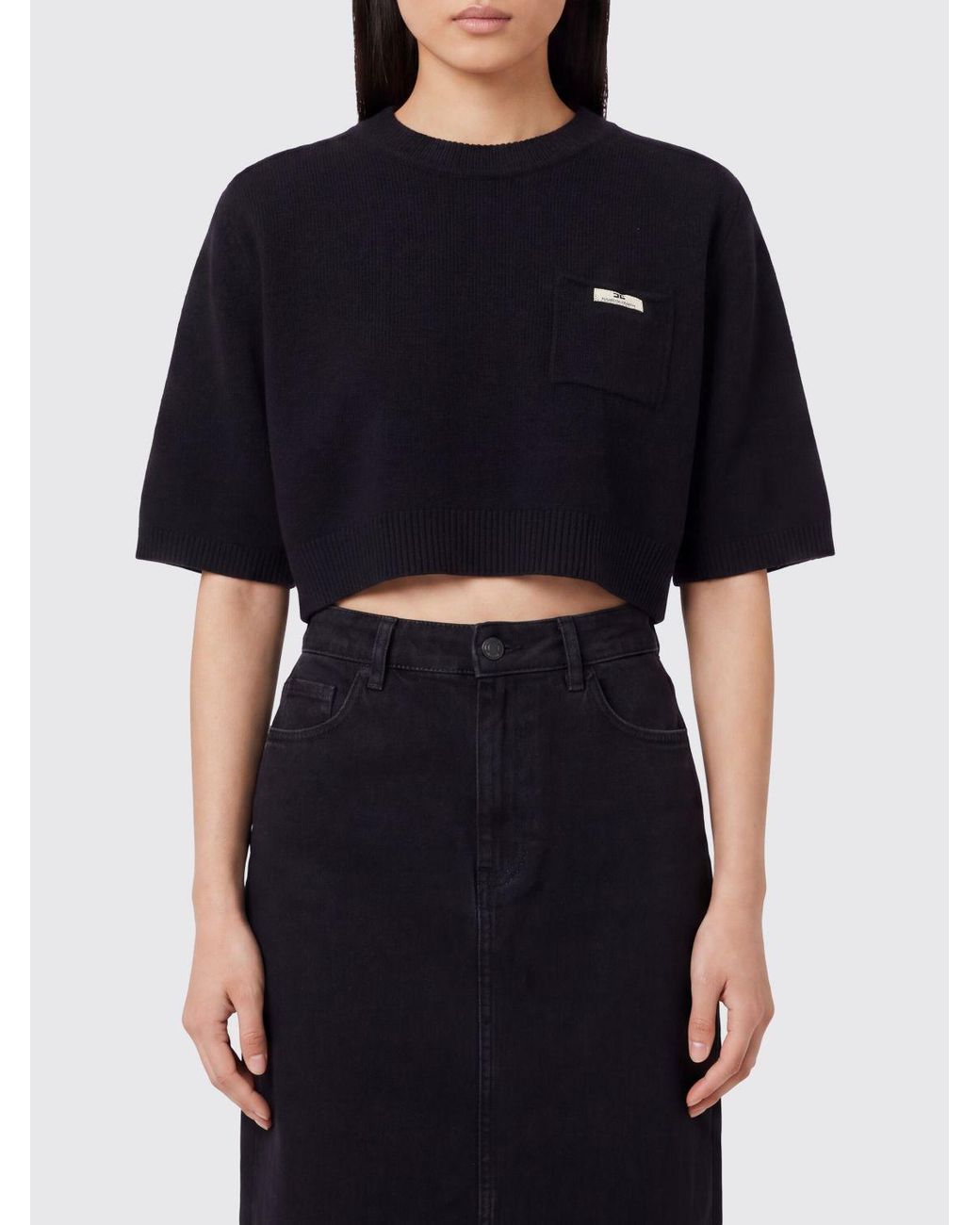 Elisabetta Franchi Black Cropped Wool And Cashmere Sweater With Contrast Logo