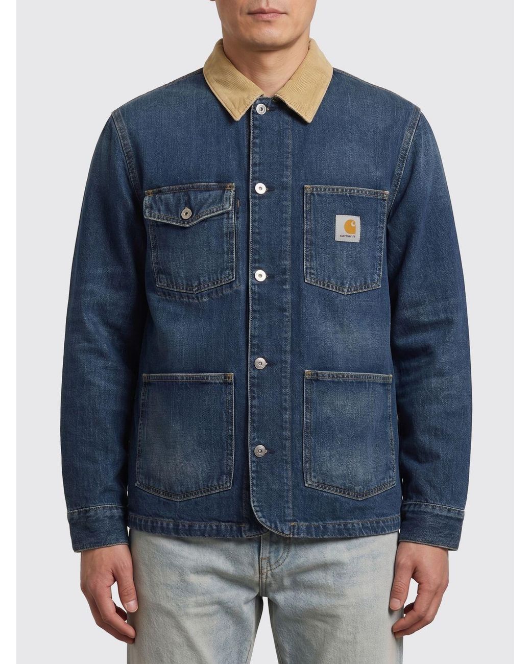 Carhartt Blue Cotton Denim Jacket With Velvet Ribbed Collar for men