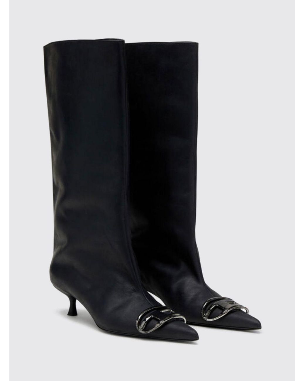 DIESEL Black D-Venus Calf-High Leather Boots With Oval D Logo And Stiletto Heel