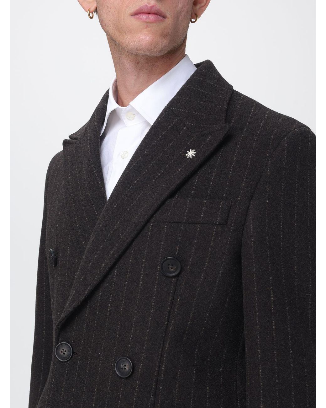 Manuel Ritz Black Pinstriped Wool Double-Breasted Coat With Peak Lapels for men