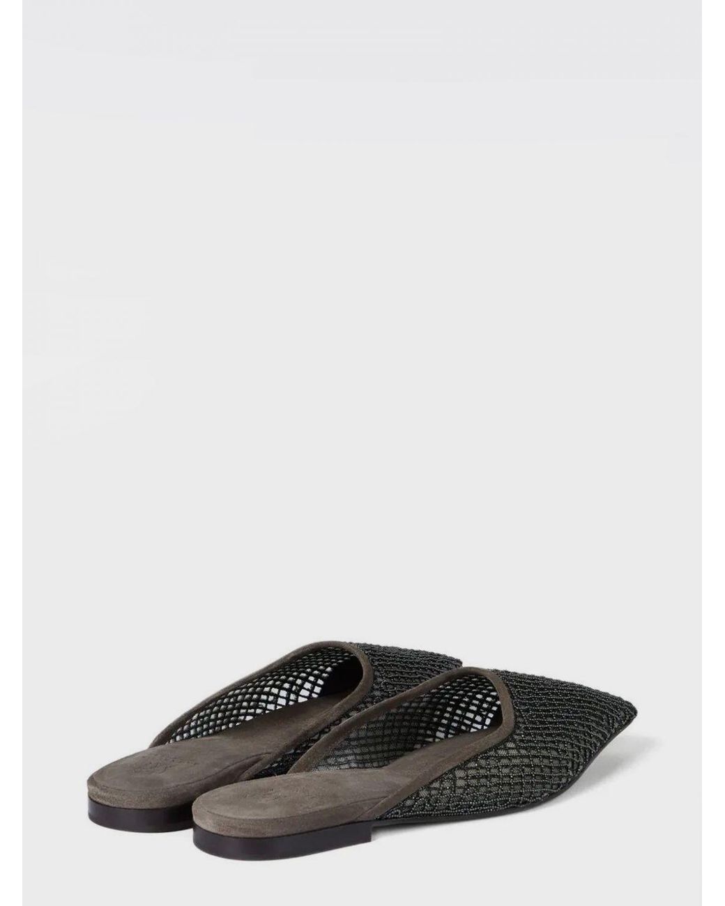Brunello Cucinelli White Suede And Mesh Nylon Mules With Monili