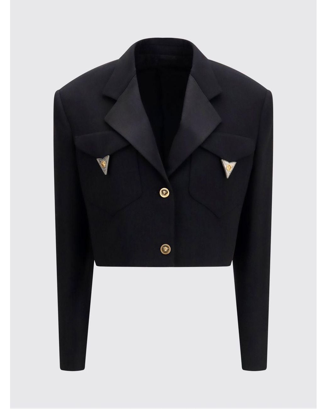 Versace Blue Cropped Wool Blazer With Padded Shoulders And Medusa Plaque