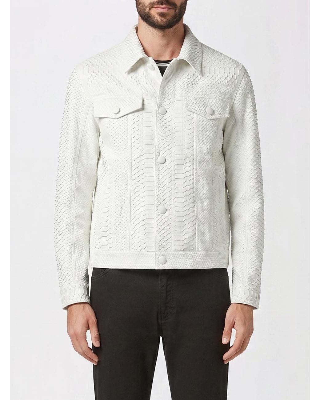 Billionaire White Snakeskin Leather Shirt Jacket With Applied Patch Pockets for men