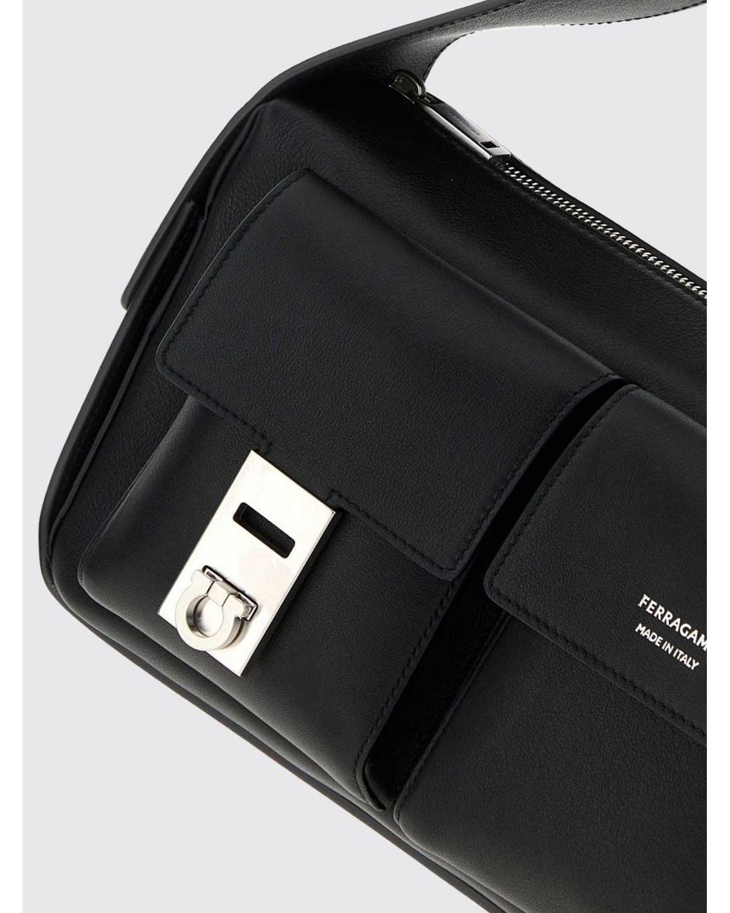 Ferragamo Black Smooth Calfskin Leather Crossbody Bag With Zip Closure for men