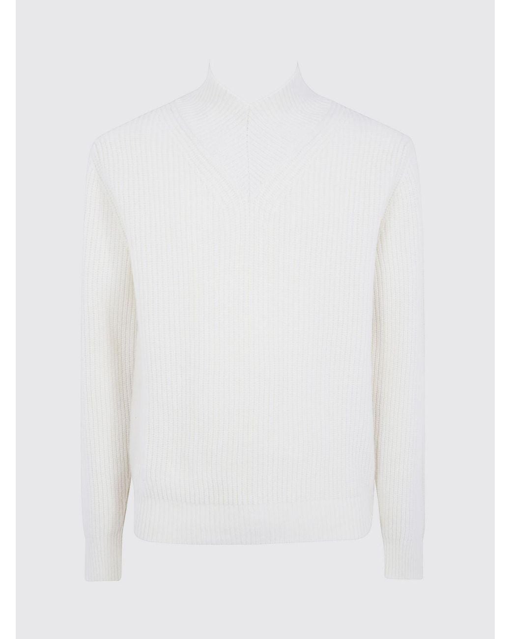 Cruna White V-Neck Pure Wool Jumper With Long Sleeves And Ribbed Edges for men
