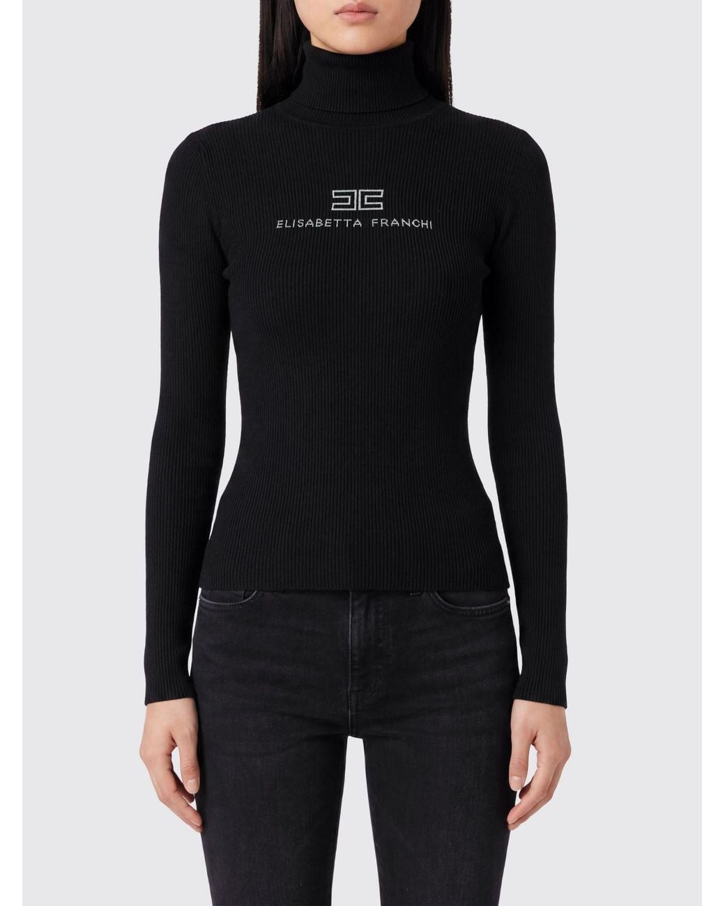 Elisabetta Franchi Black Slim Fit Wool Turtleneck Jumper With Contrast Logo