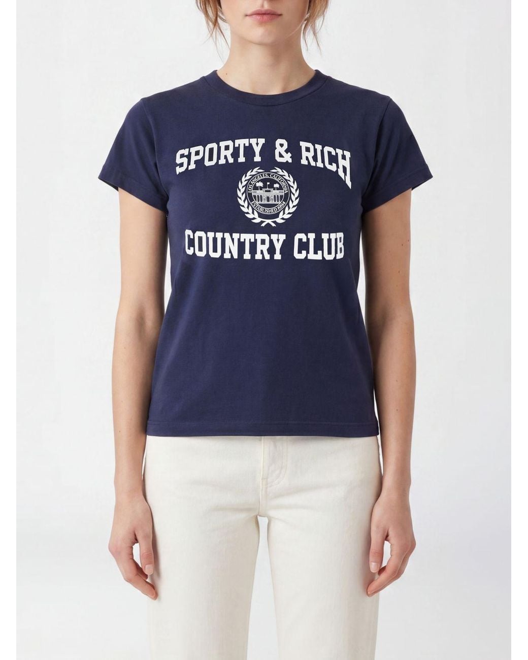 Sporty & Rich Blue Sporty &Amp Rich Varsity Crest Essential Recycled Cotton T-Shirt With Logo Print