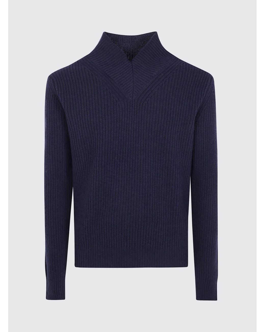 Cruna Blue V-Neck Pure Wool Jumper With Long Sleeves And Ribbed Edges for men