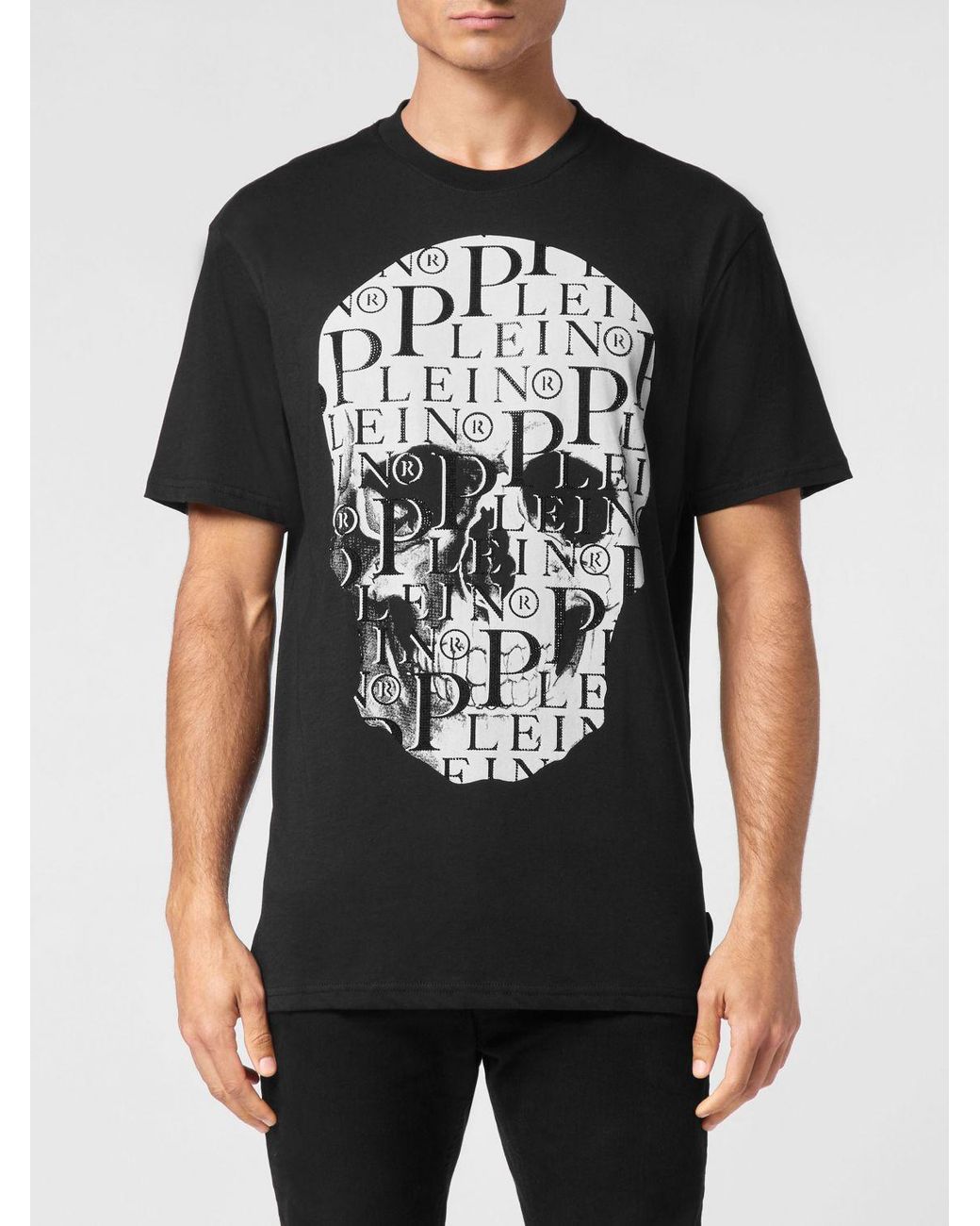 Philipp Plein Black Slim Fit Cotton T-Shirt With Skull And Monogram Print for men