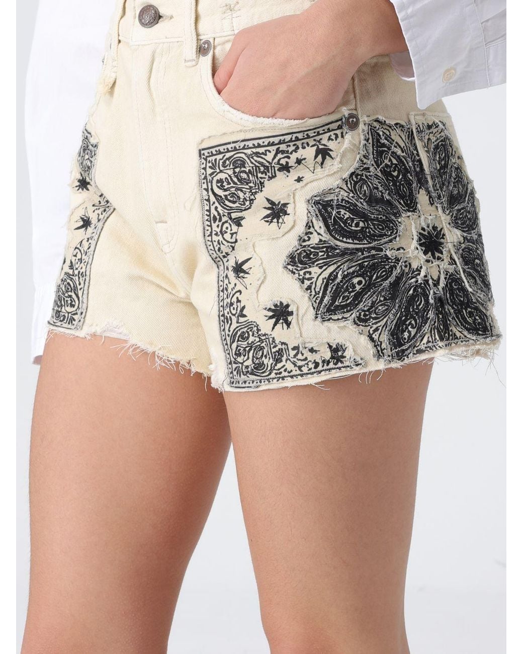 R13 White Printed Cotton Denim Shorts