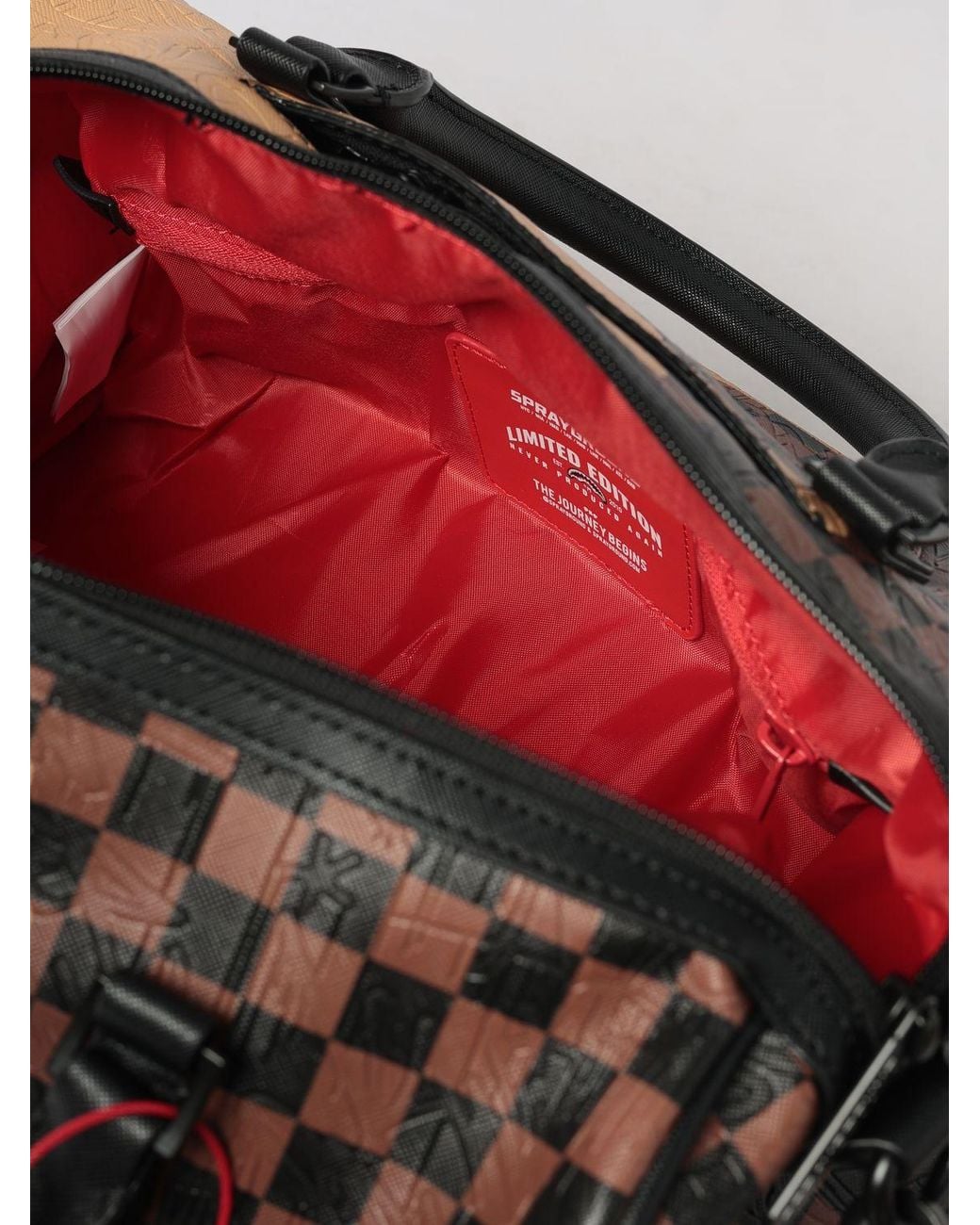Sprayground Brown Henny Melt Mini Check Print Coated Cotton Duffle Bag for men