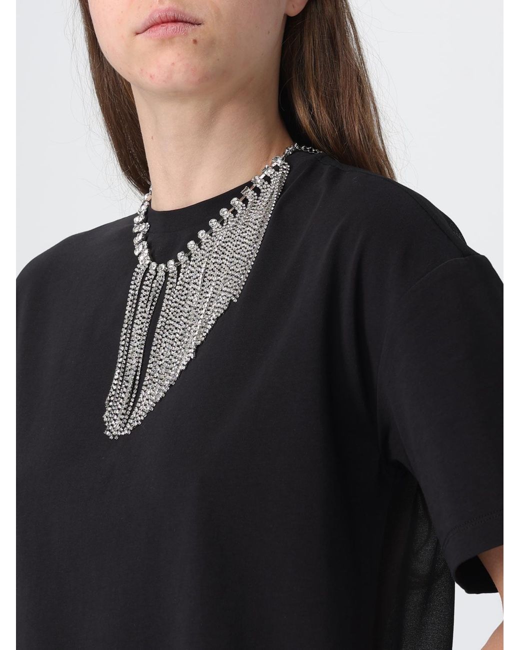 Liu Jo Black Cotton T-Shirt With Jewel Chain