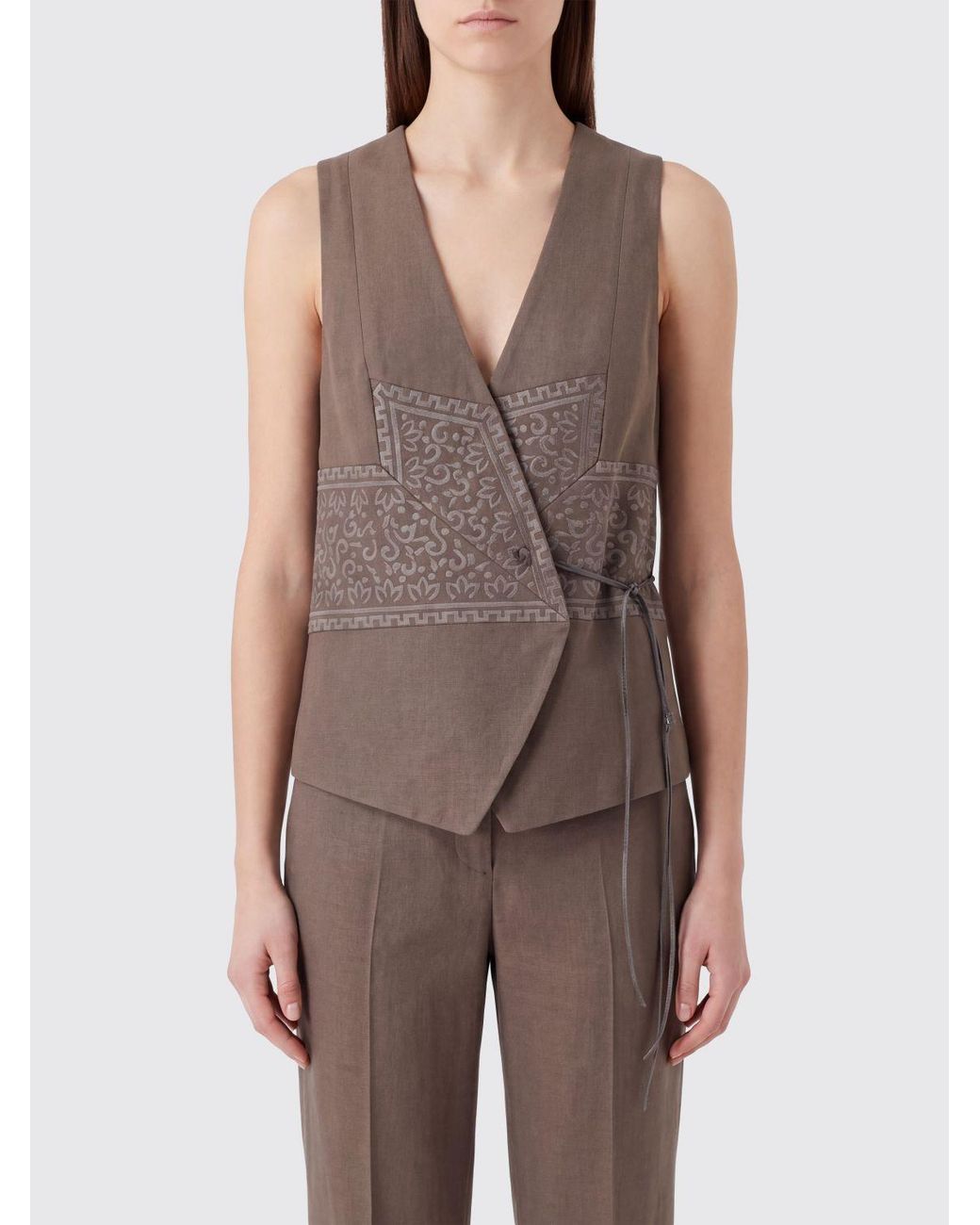Giorgio Armani Brown Jacquard Silk And Wool Blend Wrap Waistcoat With Tie Closure