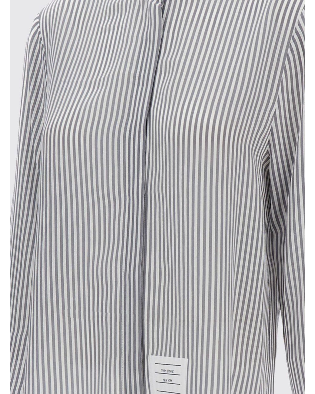 Thom Browne Gray Striped Silk Blouse With Pussy-Bow Neck And Curved Hem
