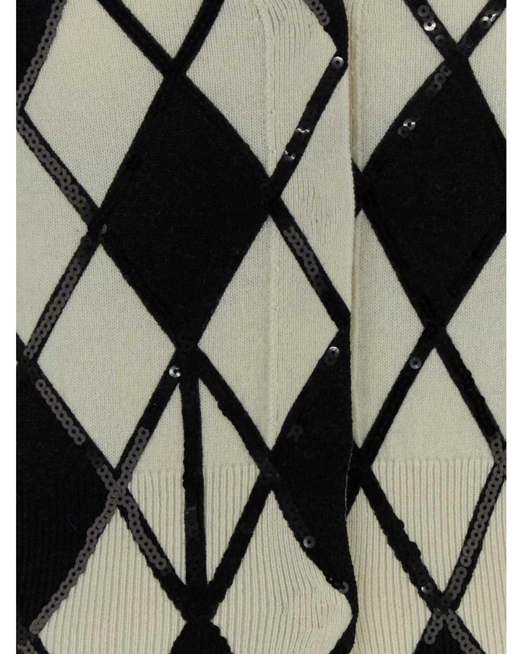 Blumarine Black Wool And Cashmere Argyle Cardigan With Sequin Embellishment