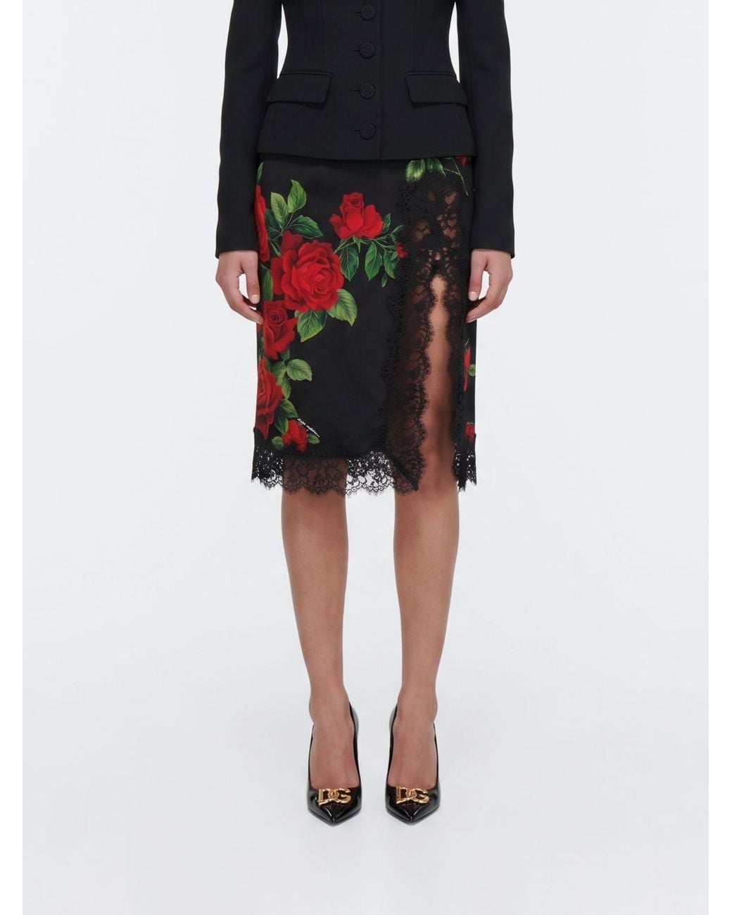 Dolce & Gabbana Black Dolce &Amp Gabbana Silk Midi Pencil Skirt With Floral Embroidery And Lace