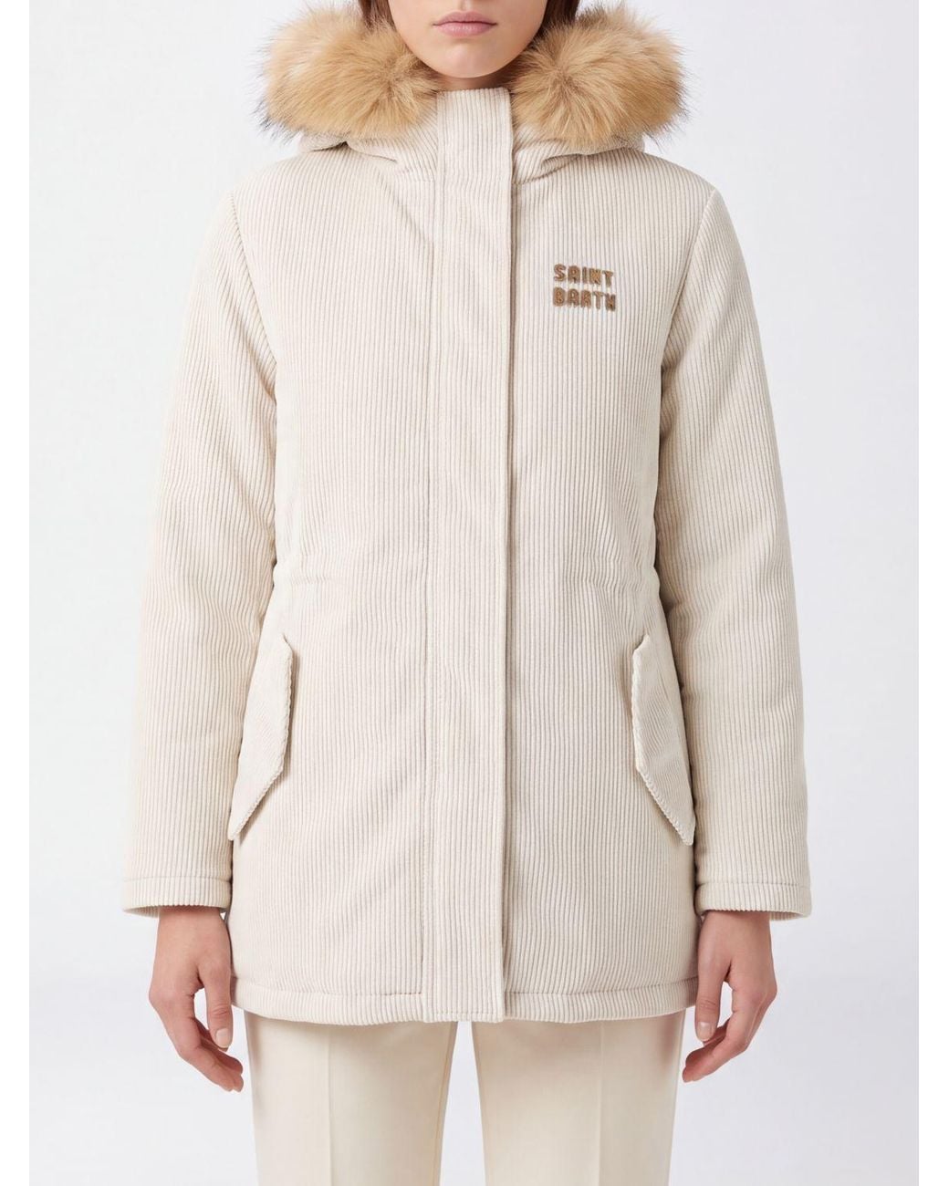 Mc2 Saint Barth Natural Short Padded Velvet Parka With Shearling Hood