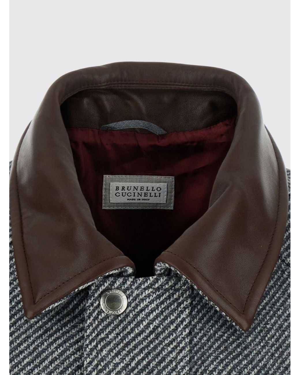 Brunello Cucinelli Gray Striped Cashmere Single-Breasted Peacoat With Leather Collar for men