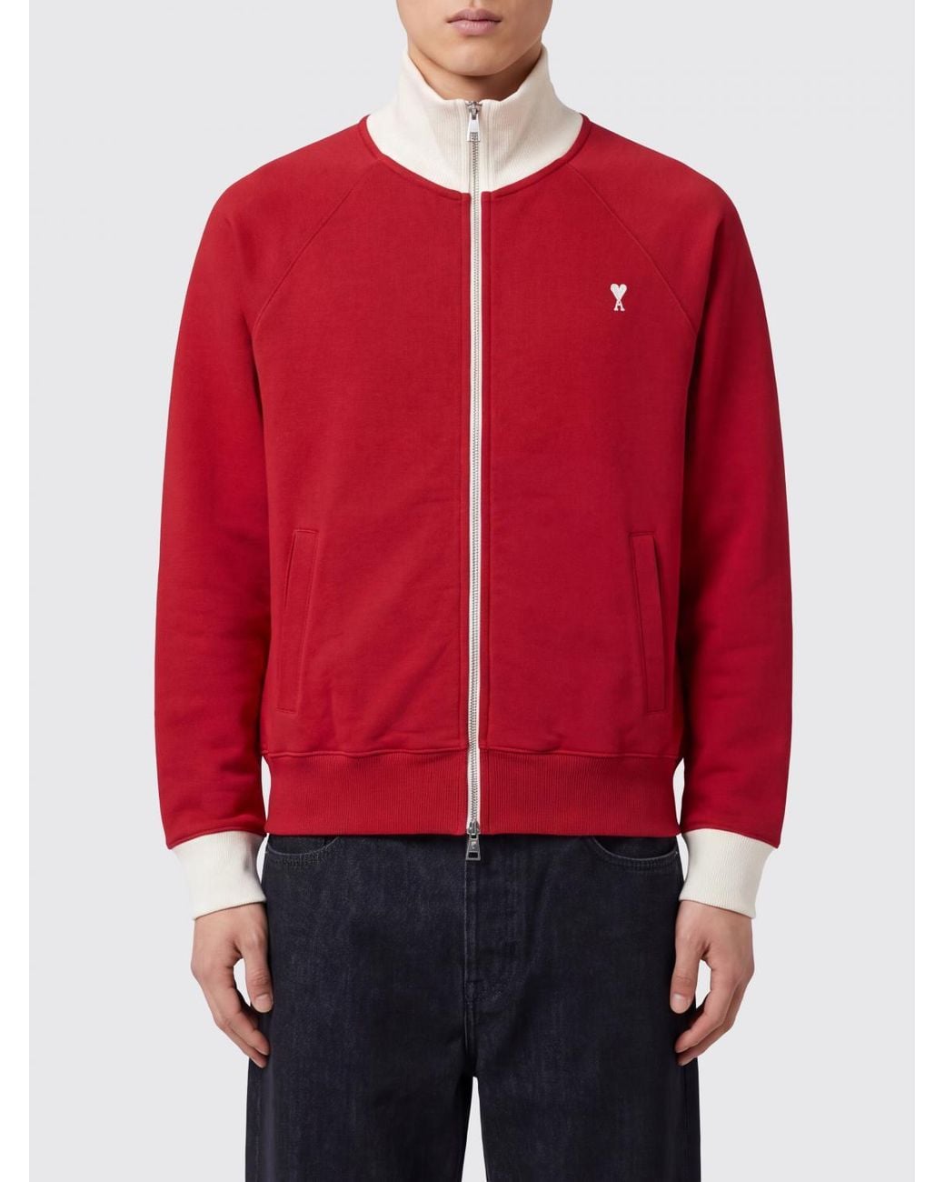 AMI Red Cotton Zipped Sweatshirt With High Neck And Ami De Cœur Monogram for men