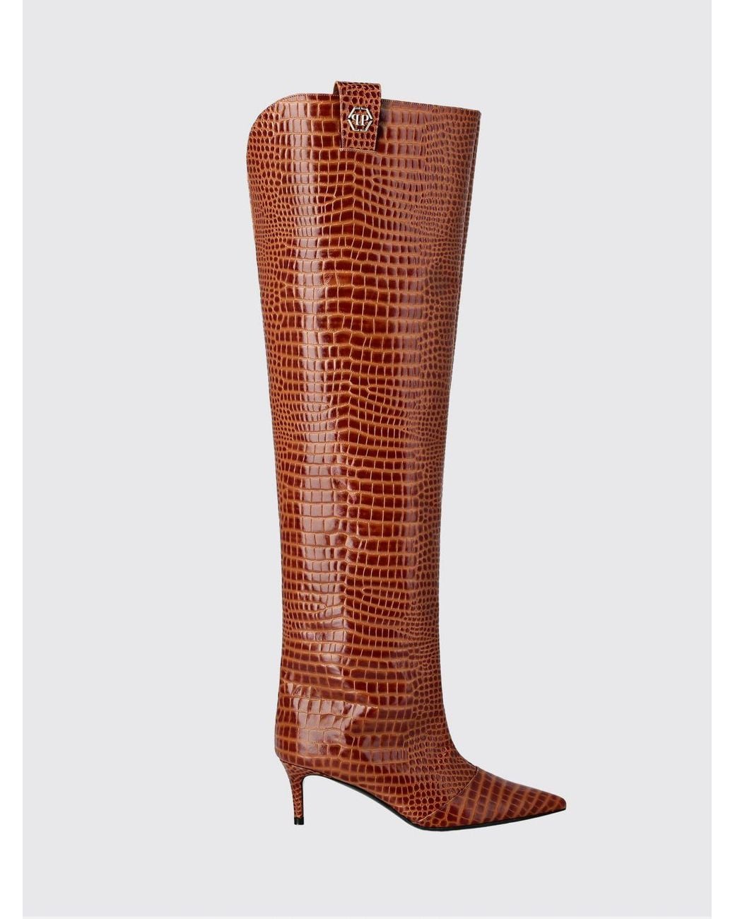 Philipp Plein Brown Croc-Embossed Leather Over-The-Knee Boots With Hexagon Logo