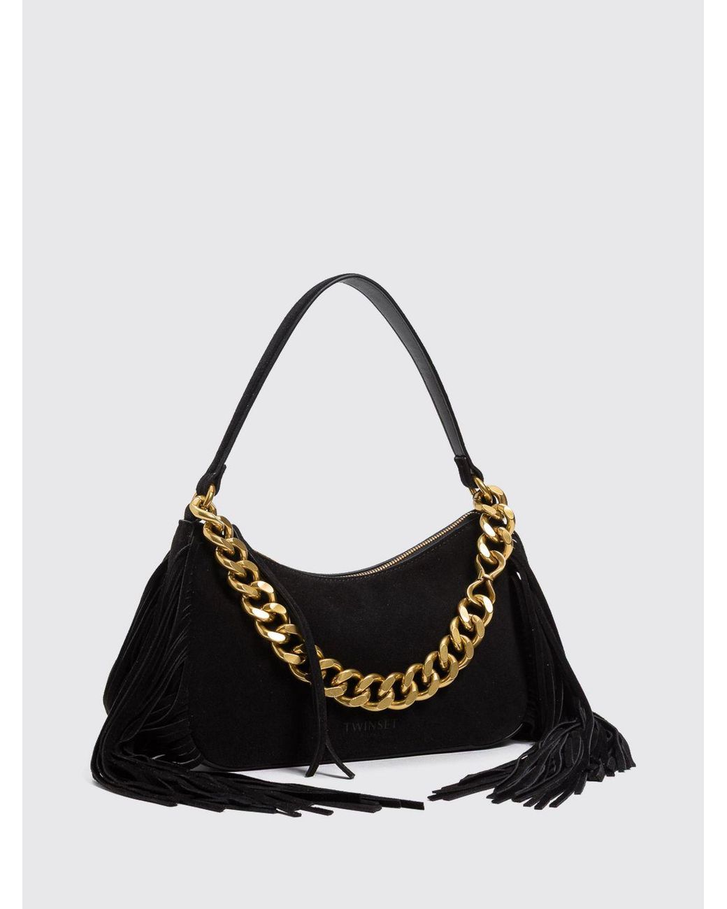 Twinset Black Liliane Suede Shoulder Bag With Fringes And Embroidery