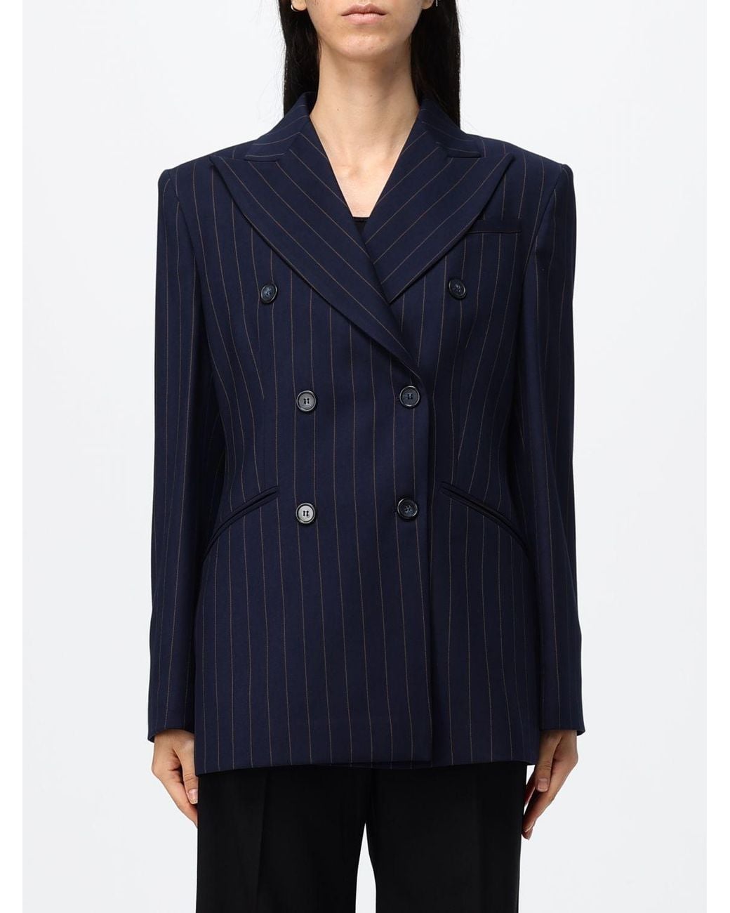 Hanita Blue Pinstriped Double-Breasted Viscose Blend Blazer With Peak Lapels