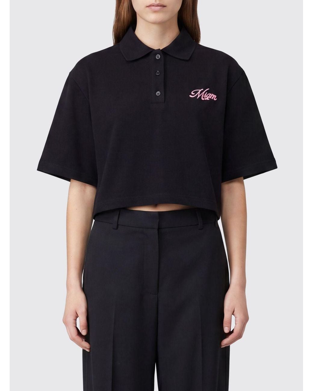 MSGM Black Logo Cotton Crop Polo Shirt