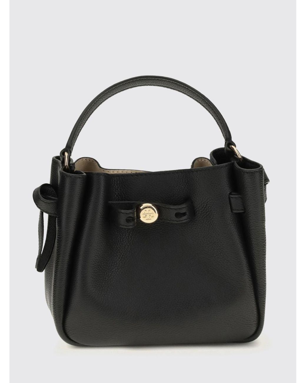 Tory Burch Black Romy Mini Grained Leather Bucket Bag With Double T Logo