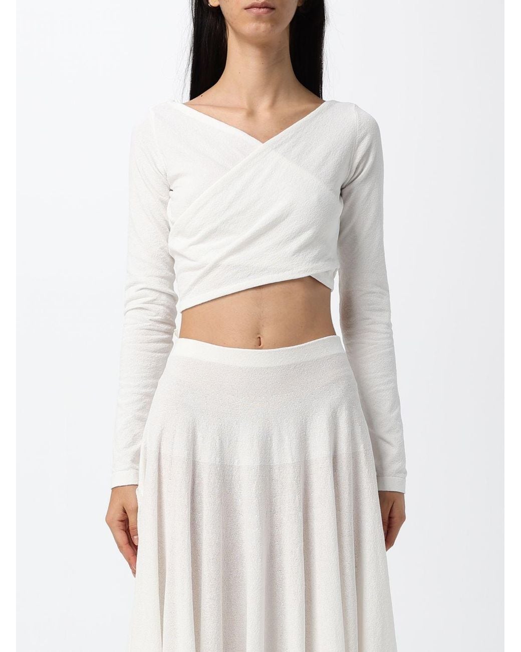 Alaïa White Slim Fit Cropped V-Neck Long-Sleeved Top