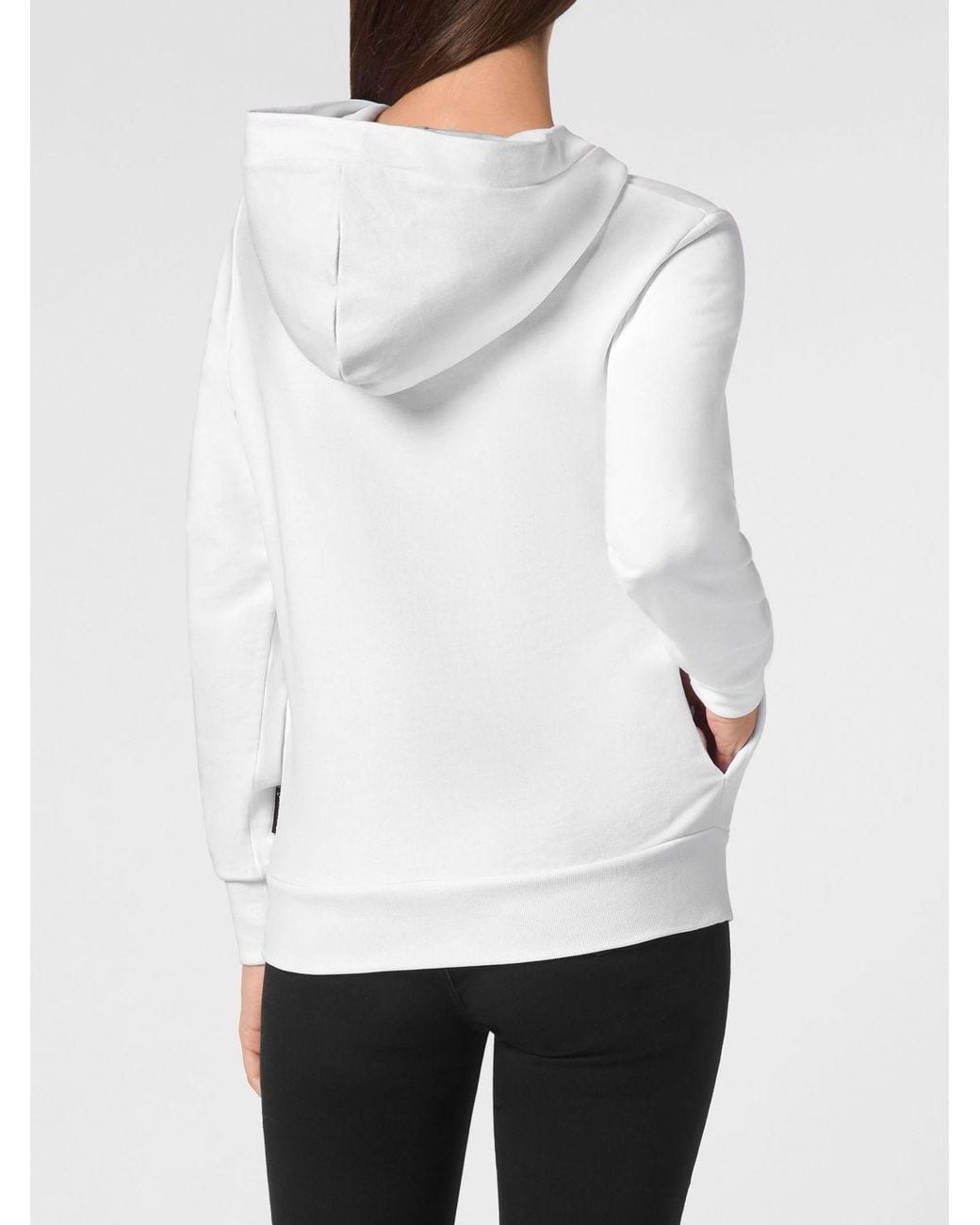 Philipp Plein White Contrast Logo Jersey Hoodie With Pouch Pockets