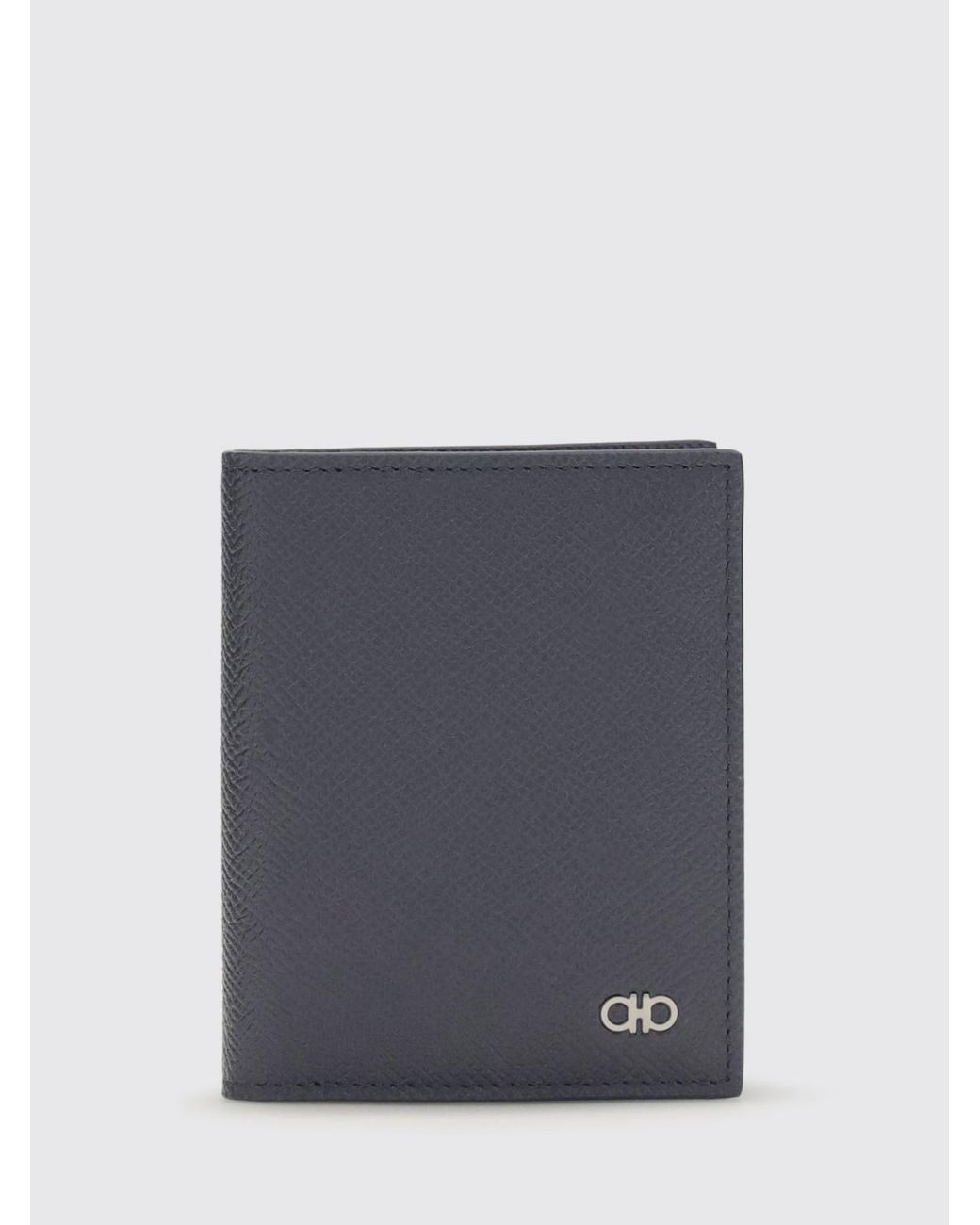 Ferragamo Blue Grained Calfskin Bifold Card Holder With Gancini Detail for men