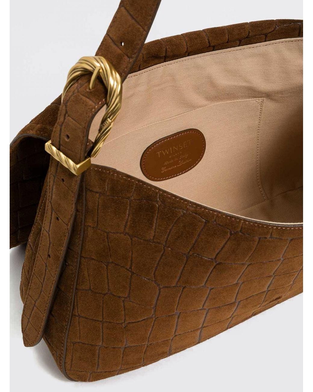 Twinset Brown Animalier Croc-Embossed Suede Shoulder Bag