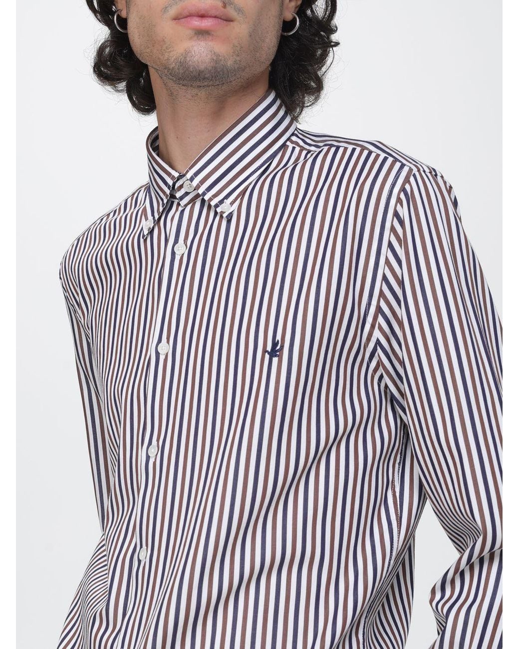 Brooksfield Gray Striped Cotton Slim Fit Shirt With Button-Down Collar for men