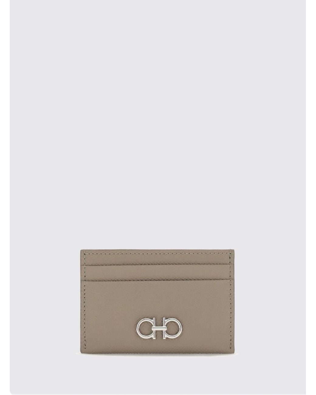 Ferragamo Gray Gancini Calfskin Card Holder With Metallic Logo
