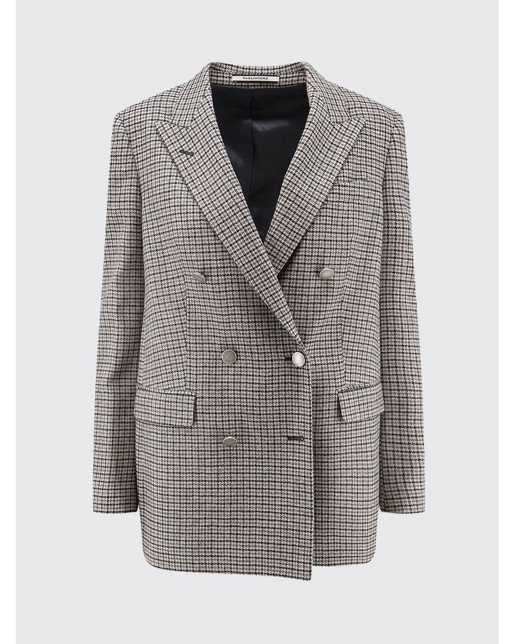 Tagliatore Gray Double-Breasted Wool-Blend Blazer With Houndstooth Pattern