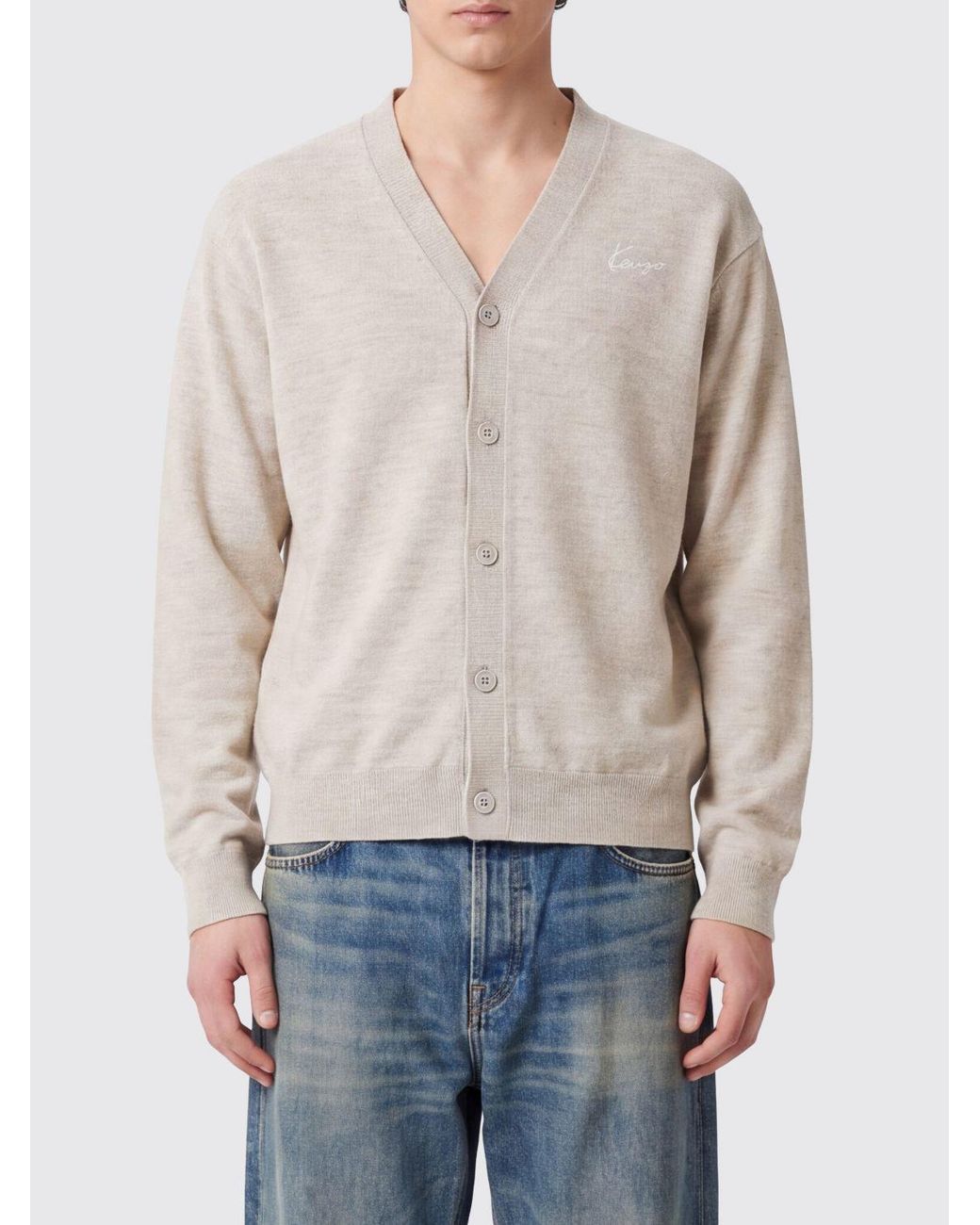 KENZO Gray Wool V-Neck Cardigan With Contrasting Embroidered Logo for men