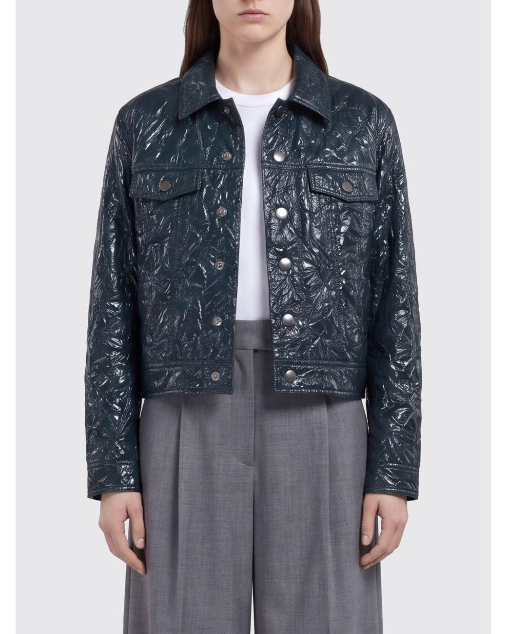 Marni Blue Crinkled-Effect Faux Leather Cropped Jacket With Buttons