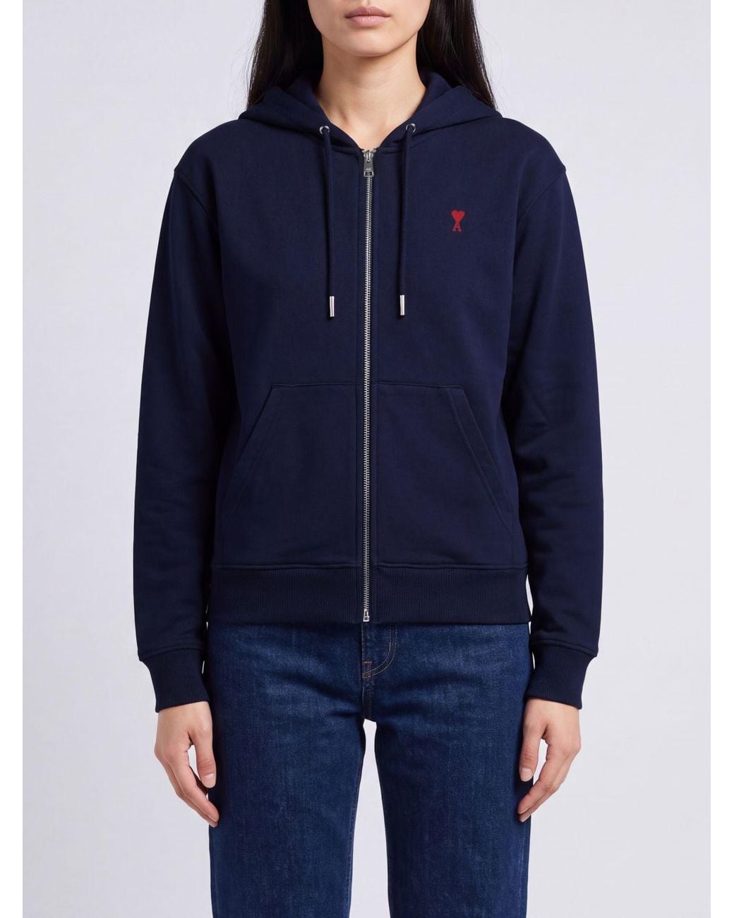 AMI Blue Cotton Zip-Up Hoodie With Embroidered Logo And Kangaroo Pocket