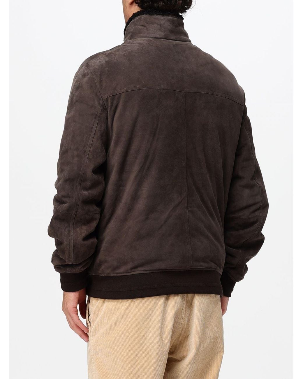 Canali Brown Suede Leather Bomber Jacket With Fur Collar And Elasticated Hem for men