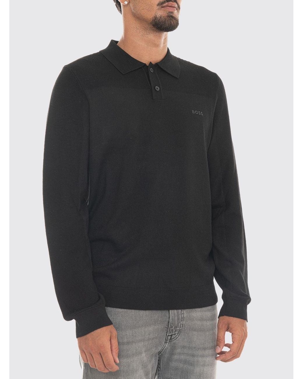 Boss Black Long-Sleeved Wool-Blend Polo Shirt With Ribbed Collar for men