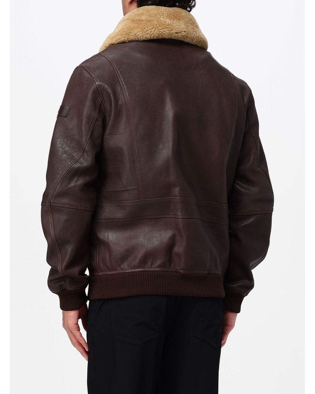 Peuterey Brown Short Shearling Leather Jacket With Fur Collar for men