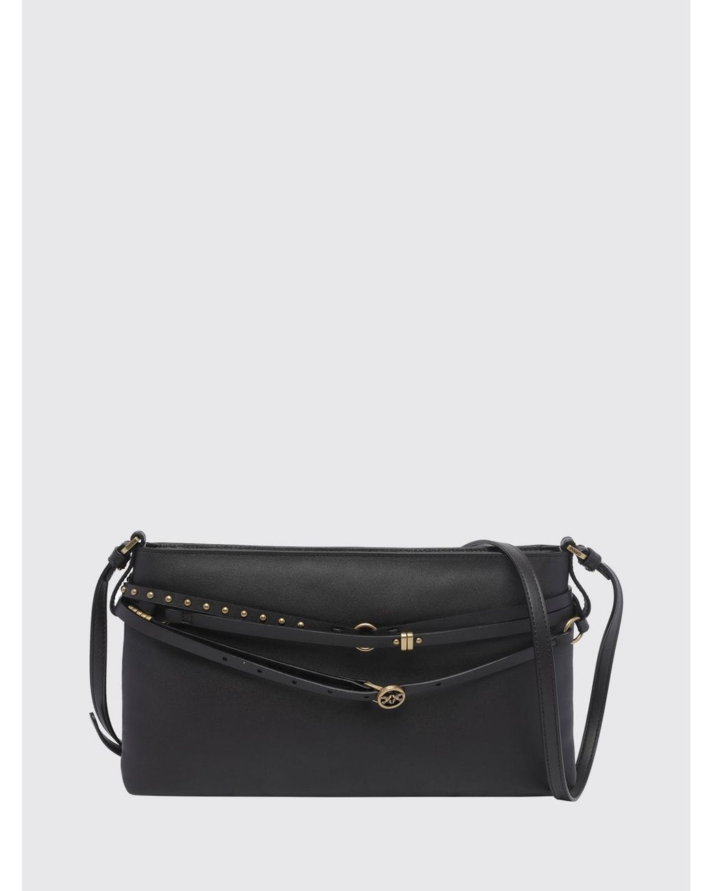 Pinko Black Belt Bag Embroidered Leather Shoulder Bag With Studs And Love Birds Logo