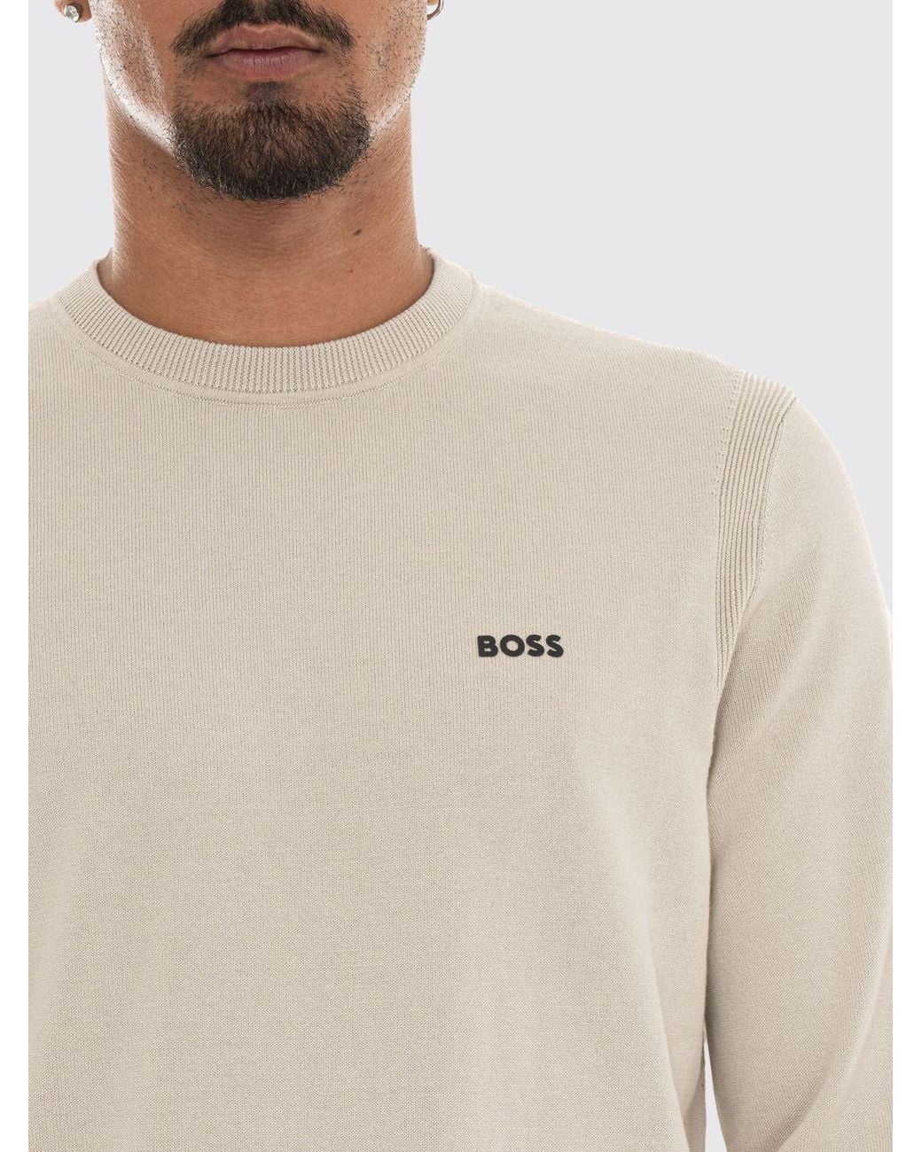Boss Natural Slim Fit Cotton Crew-Neck Jumper With Contrasting Logo for men