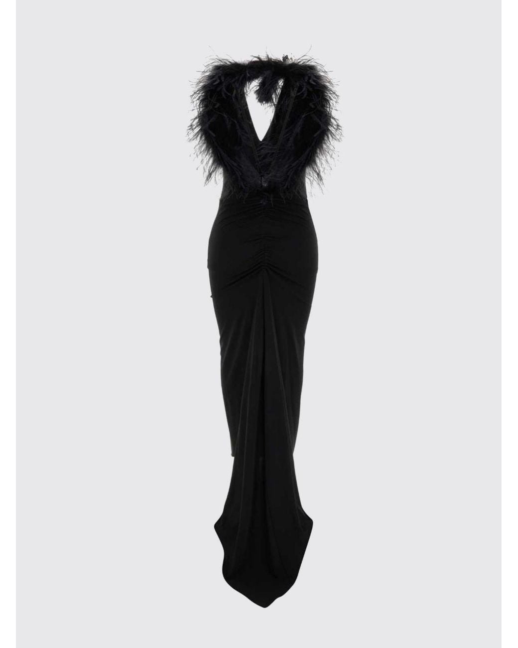 Blumarine Black Off-The-Shoulder Crêpe Evening Gown With Decorative Feathers